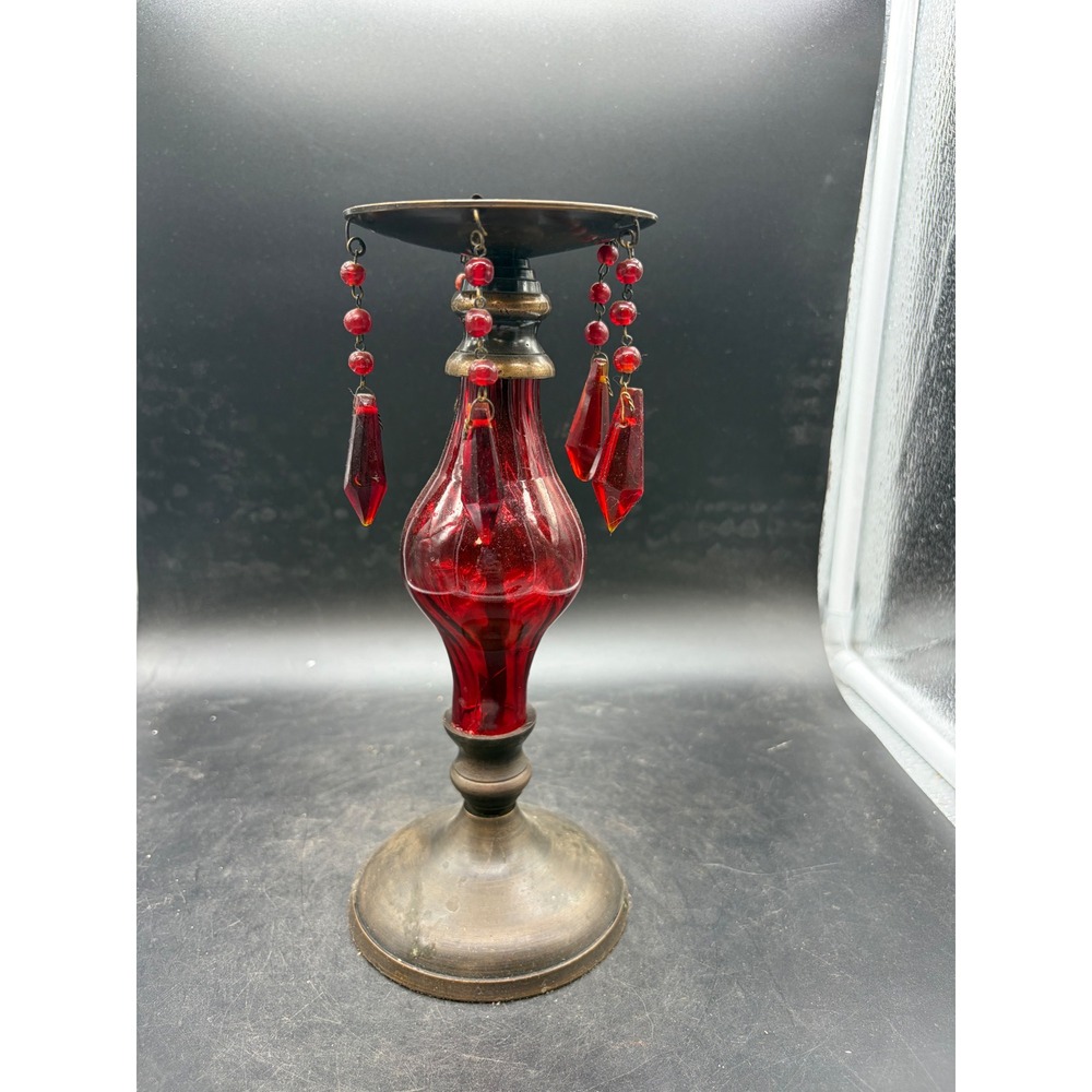 World Market Red Glass Pillar Candle Holder Brass Base Prism Charms 9.5 Inch